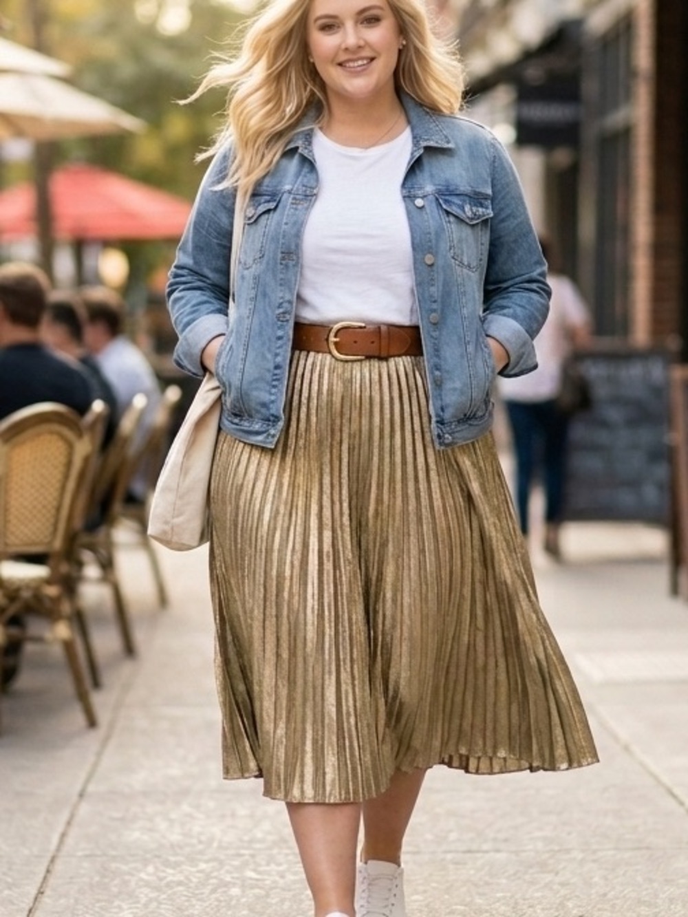 ELOQUII Metallic Gold Pleated Midi Skirt Size 18/20 Shimmering Elastic Waist